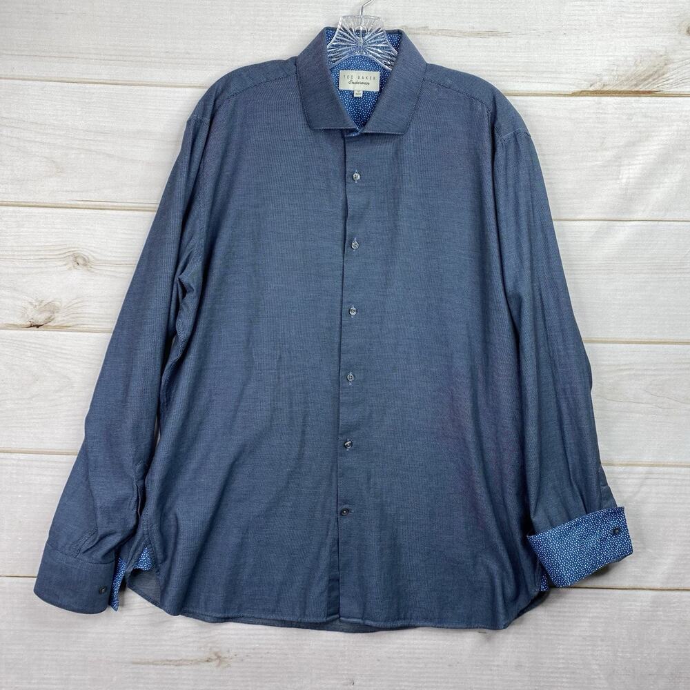 Ted Baker Endurance Shirt Mens 17 36/37 Blue Micro Dot Contrast Cuff Designer
